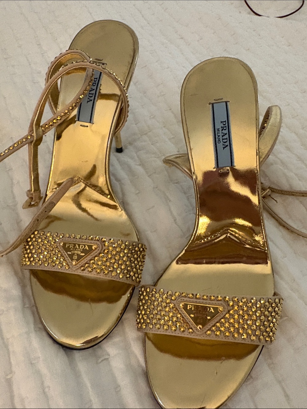 Prada Metallic Gold Crystal-Studded Strappy Heels